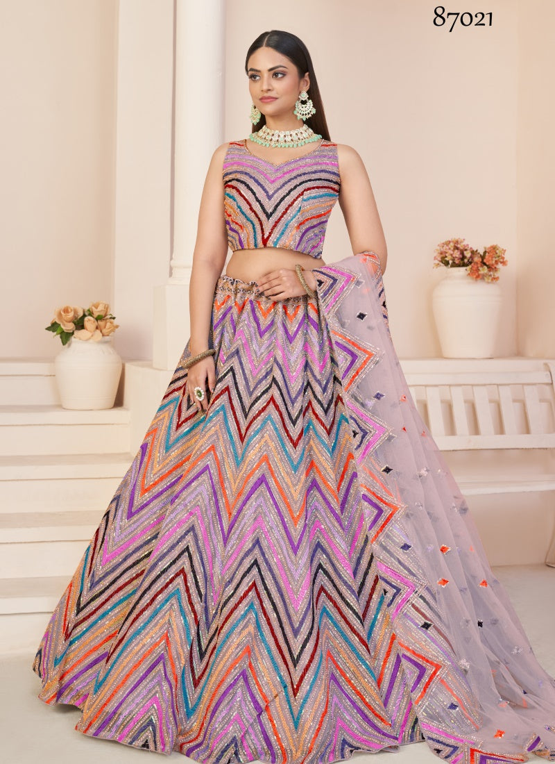 Multi Color Soft Net Party Wear Lehenga Choli with Thread and Sequins Work-2