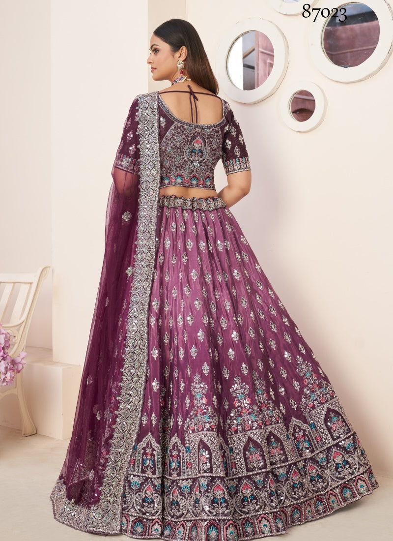 Wine Soft Net Party Wear Lehenga Choli with Thread and Sequins Work-2