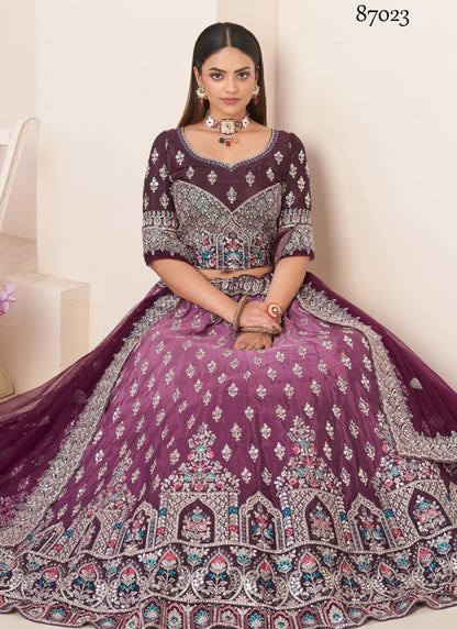 Wine Soft Net Party Wear Lehenga Choli with Thread and Sequins Work-2