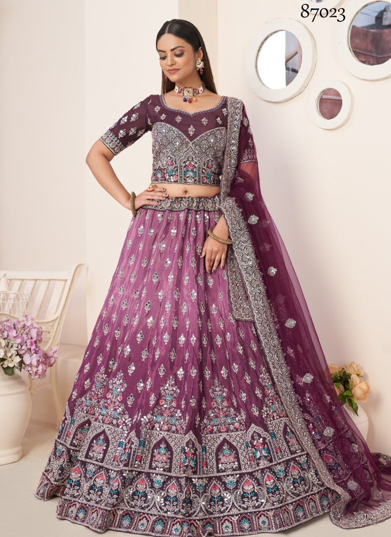 Wine Soft Net Party Wear Lehenga Choli with Thread and Sequins Work