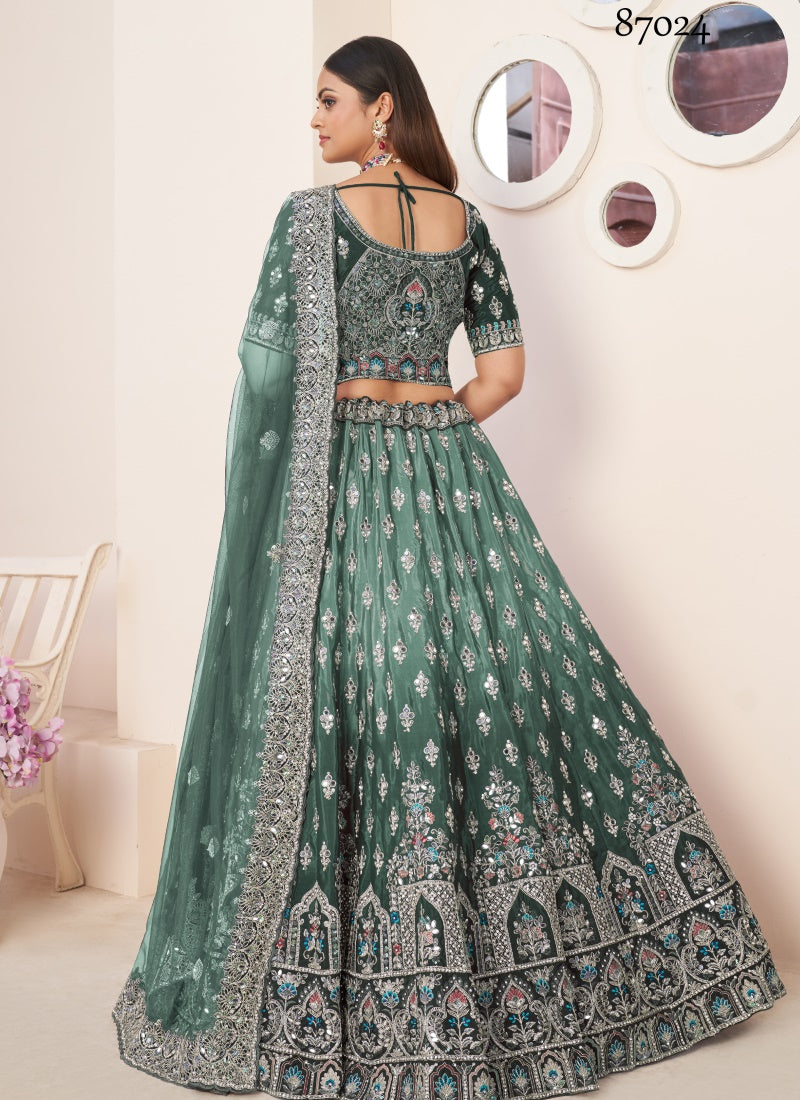 Green Soft Net Party Wear Lehenga Choli with Thread and Sequins Work-2