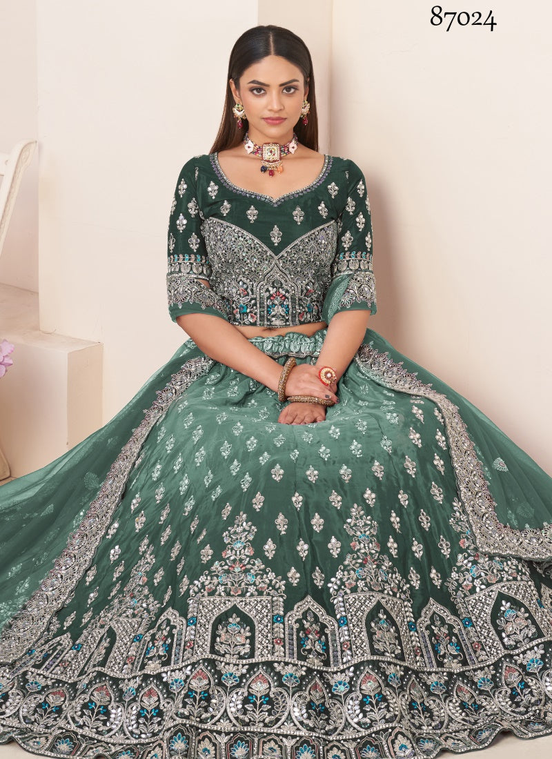 Green Soft Net Party Wear Lehenga Choli with Thread and Sequins Work-2