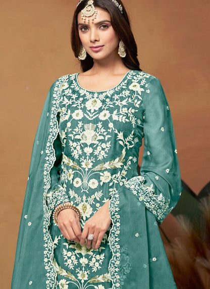 Sea Green Yellow Straight Cut Pant Style Salwar Suit