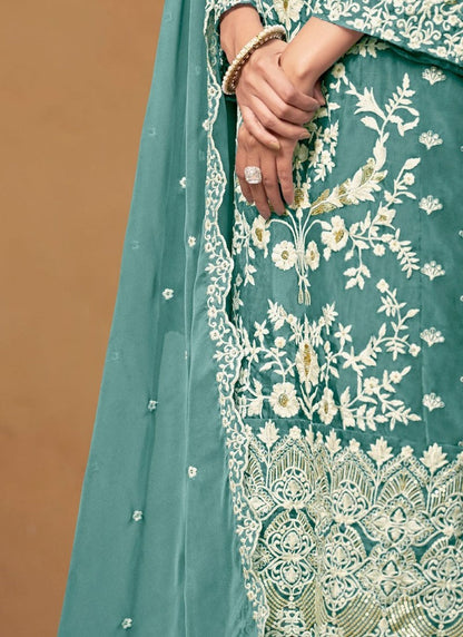 Sea Green Yellow Straight Cut Pant Style Salwar Suit