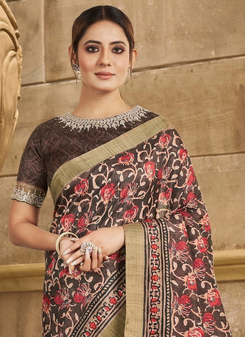 Brown Silk Heavy Work Saree