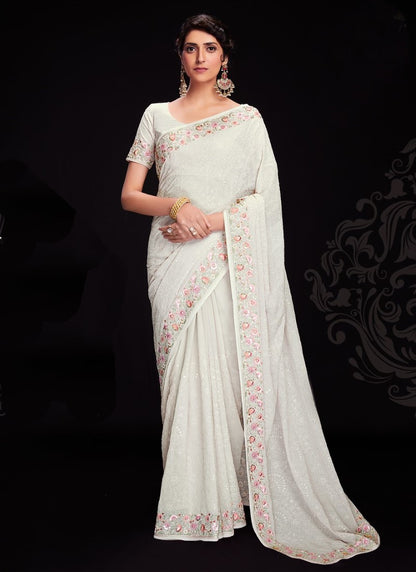 White  Party Wear Lucknowi Saree with Sequine Work