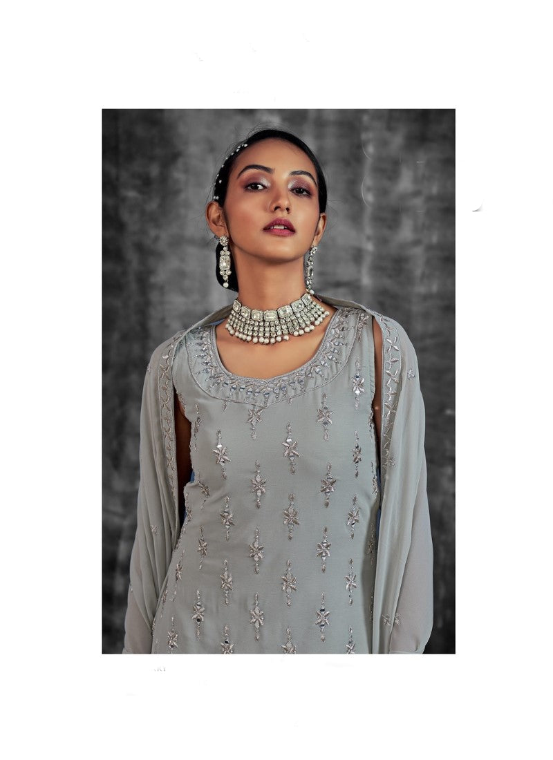 Light Gray Georgette Sharara Suit with Mirror, Zari and Thread Work-2