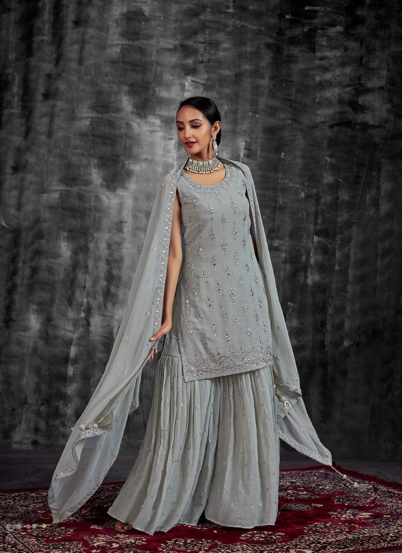 Light Gray Georgette Sharara Suit with Mirror, Zari and Thread Work-2