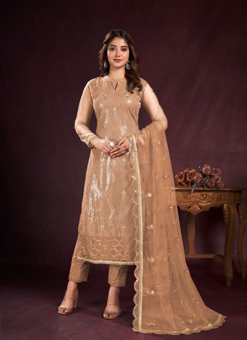 Beige Pant Style Salwar Suit with Thread and Sequins Work