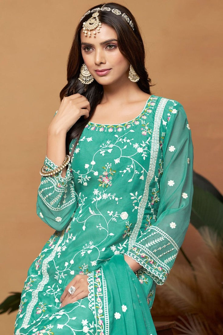 Sea Green Organza Pant Style Salwar Suit With Embroidery Work