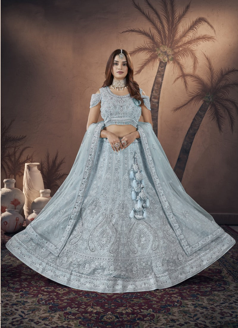 Sky Blue Bridal Lehenga Choli With Embroidery, Thread Work and Sequins Work