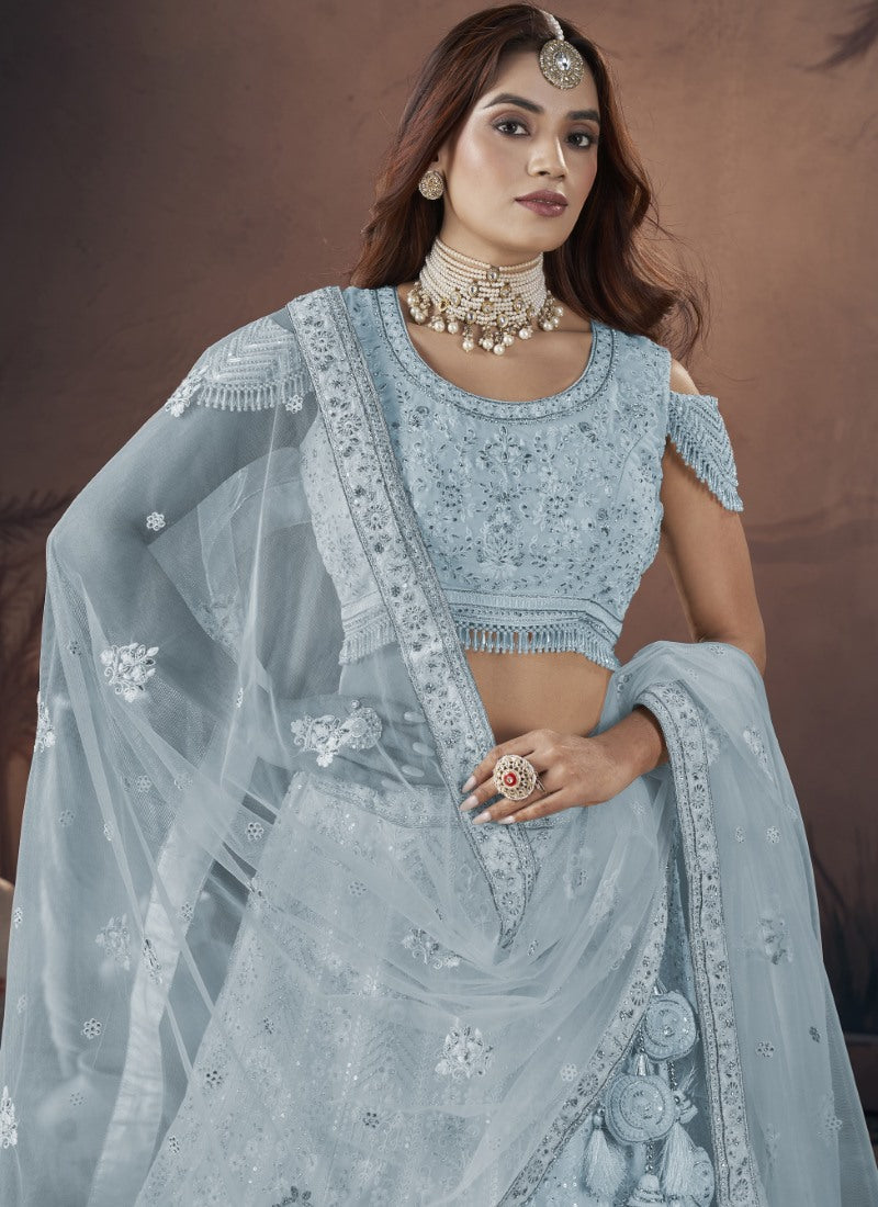 Sky Blue Bridal Lehenga Choli With Embroidery, Thread Work and Sequins Work