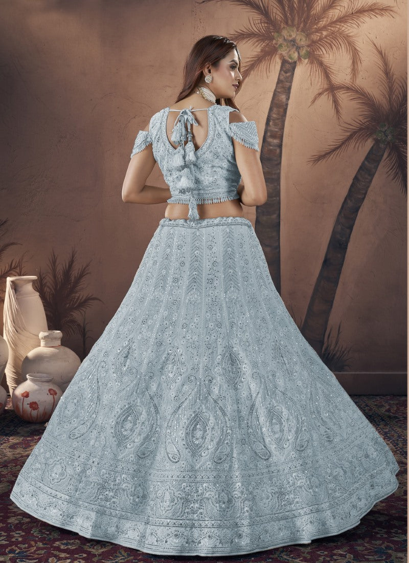 Sky Blue Bridal Lehenga Choli With Embroidery, Thread Work and Sequins Work