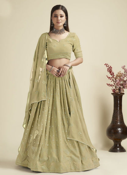 Pista Green Georgette Lehenga Choli With Sequins and Zari Work