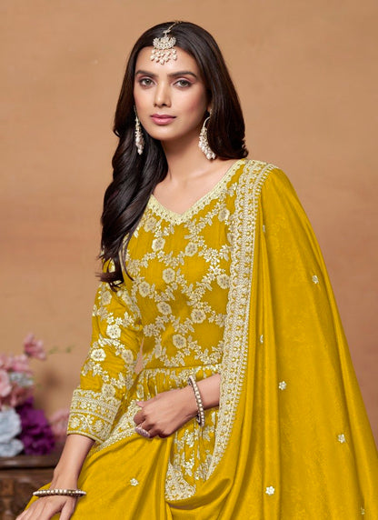 Yellow Jacquard Anarkali Suit With Embroidery Work