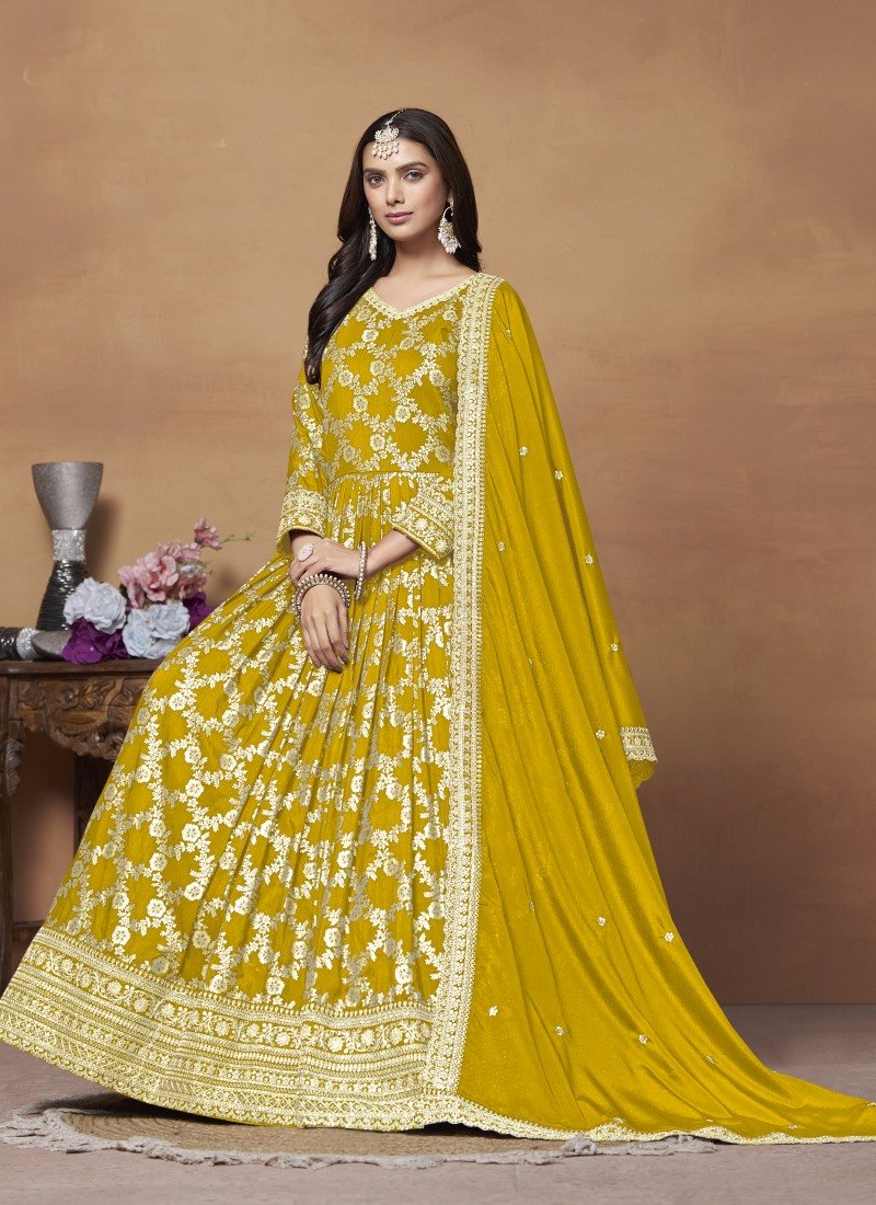 Yellow Jacquard Anarkali Suit With Embroidery Work