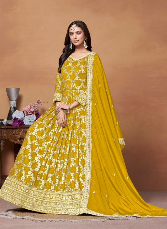 Yellow Jacquard Anarkali Suit With Embroidery Work