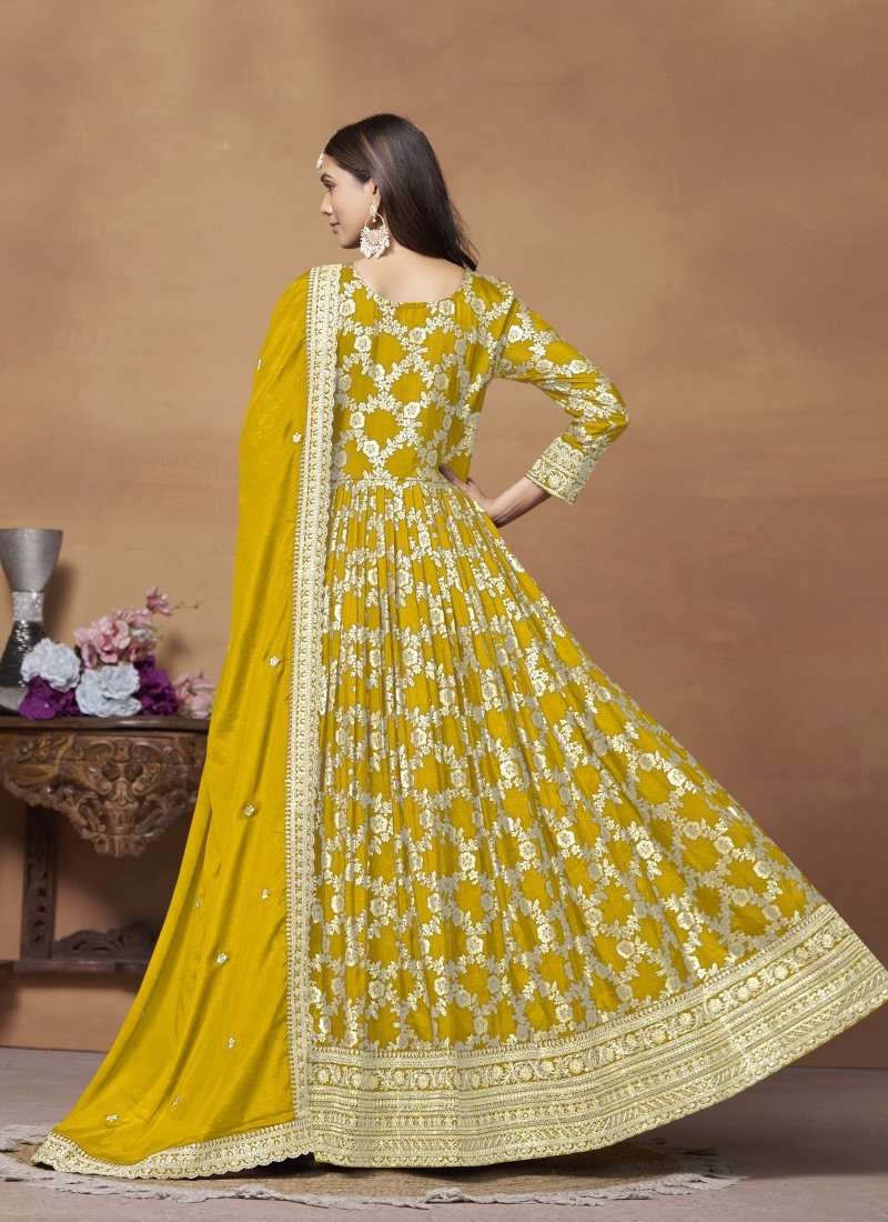 Yellow Jacquard Anarkali Suit With Embroidery Work