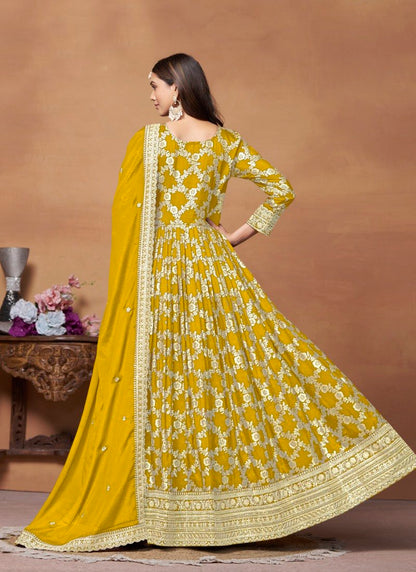 Yellow Jacquard Anarkali Suit With Embroidery Work