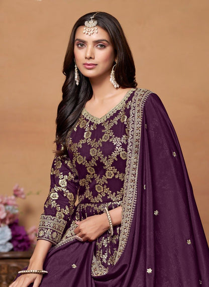 Purple Jacquard Anarkali Suit With Embroidery Work