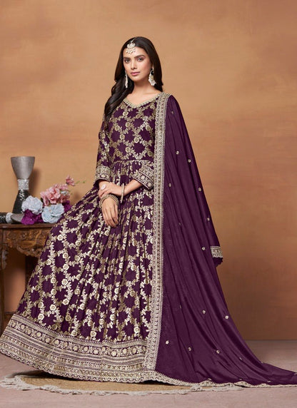 Purple Jacquard Anarkali Suit With Embroidery Work