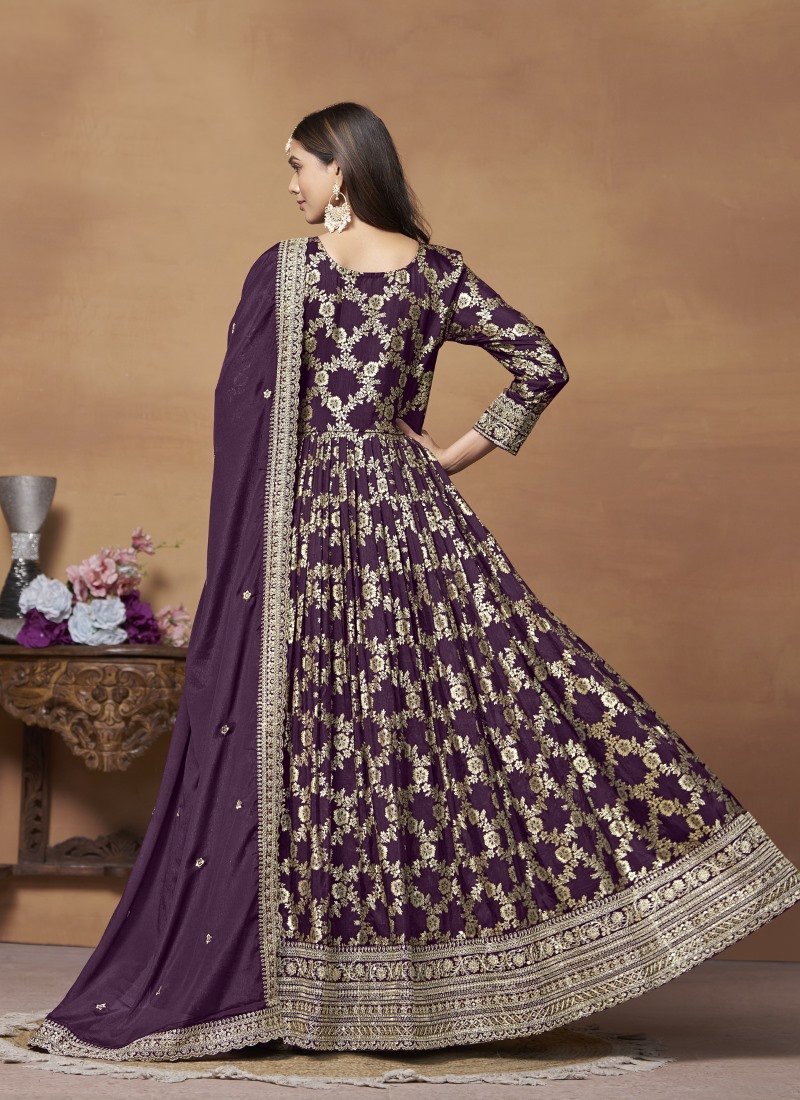 Purple Jacquard Anarkali Suit With Embroidery Work