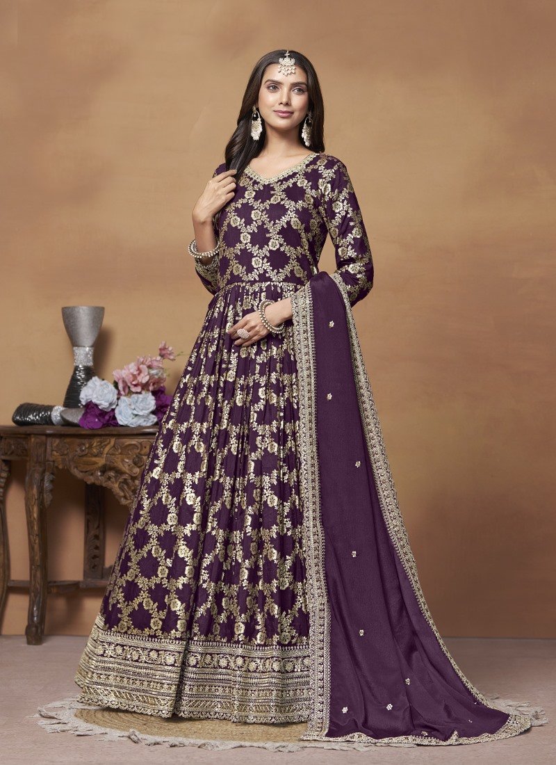 Purple Jacquard Anarkali Suit With Embroidery Work