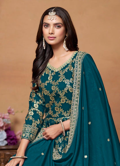 Teal Blue Jacquard Anarkali Suit With Embroidery Work