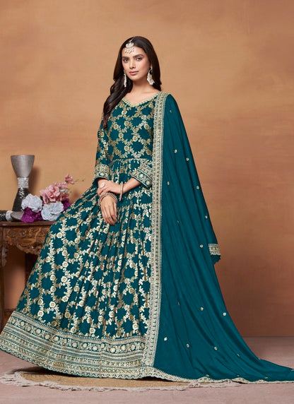 Teal Blue Jacquard Anarkali Suit With Embroidery Work