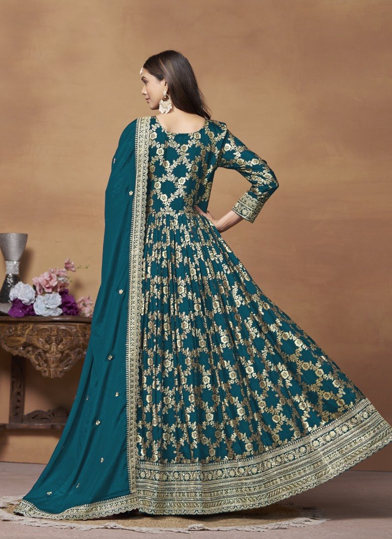 Teal Blue Jacquard Anarkali Suit With Embroidery Work