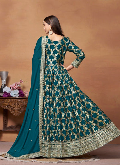 Teal Blue Jacquard Anarkali Suit With Embroidery Work