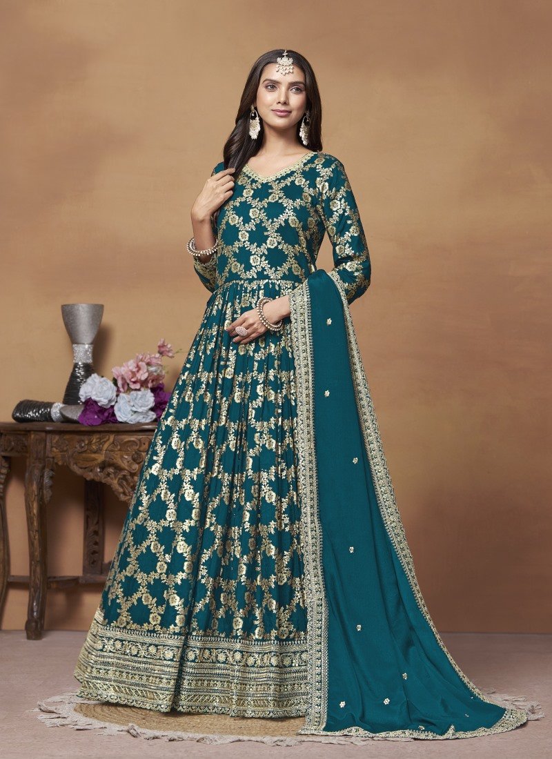 Teal Blue Jacquard Anarkali Suit With Embroidery Work