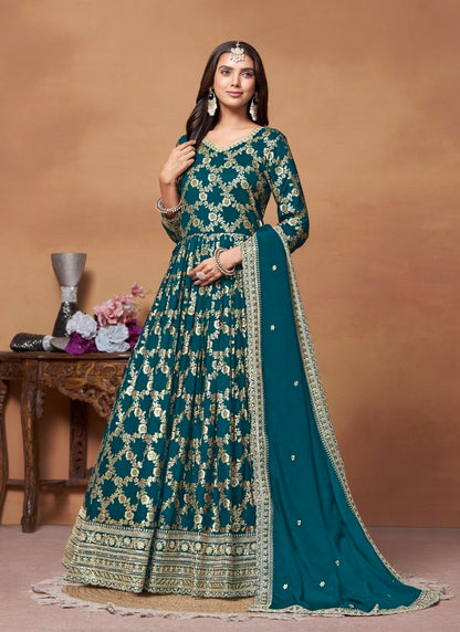 Teal Blue Jacquard Anarkali Suit With Embroidery Work