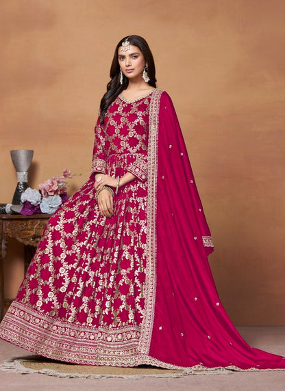 Red Jacquard Anarkali Suit With Embroidery Work