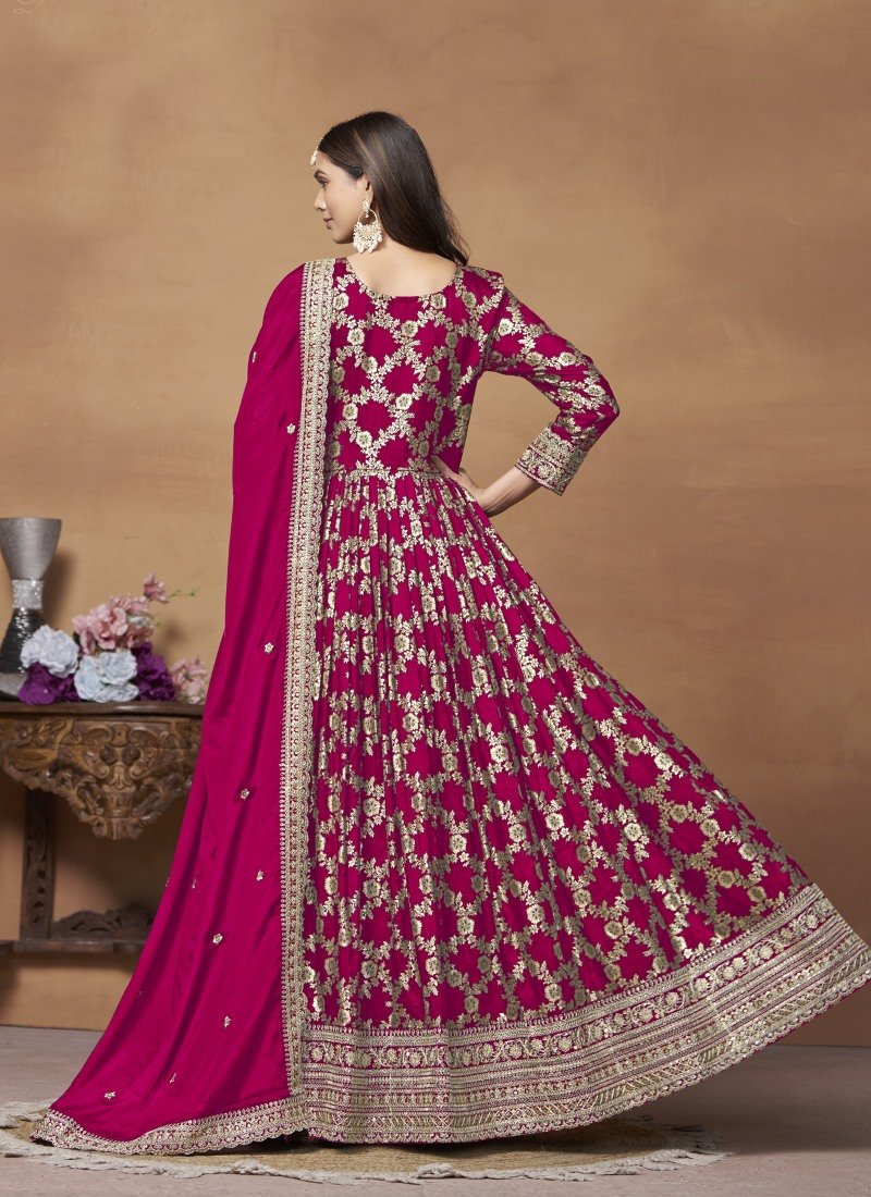 Red Jacquard Anarkali Suit With Embroidery Work