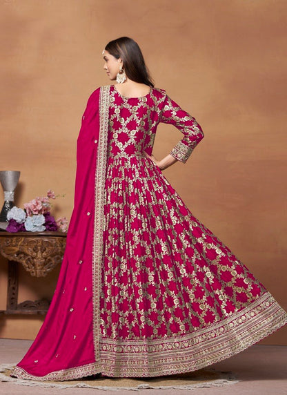 Red Jacquard Anarkali Suit With Embroidery Work