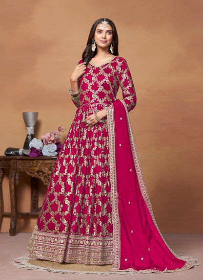 Red Jacquard Anarkali Suit With Embroidery Work