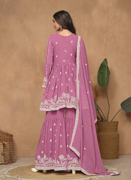 Pink Georgette Sharara Suit With Embroidery Work