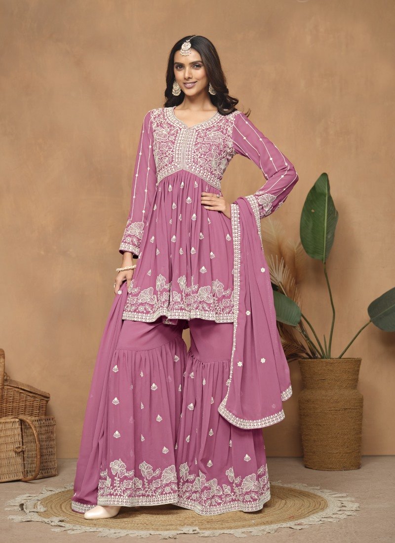 Pink Georgette Sharara Suit With Embroidery Work