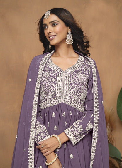 Purple Georgette Sharara Suit With Embroidery Work