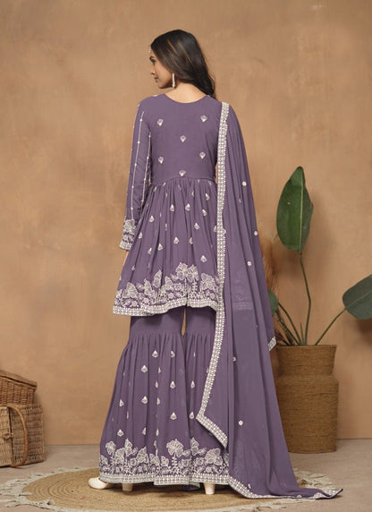 Purple Georgette Sharara Suit With Embroidery Work