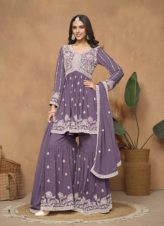 Purple Georgette Sharara Suit With Embroidery Work