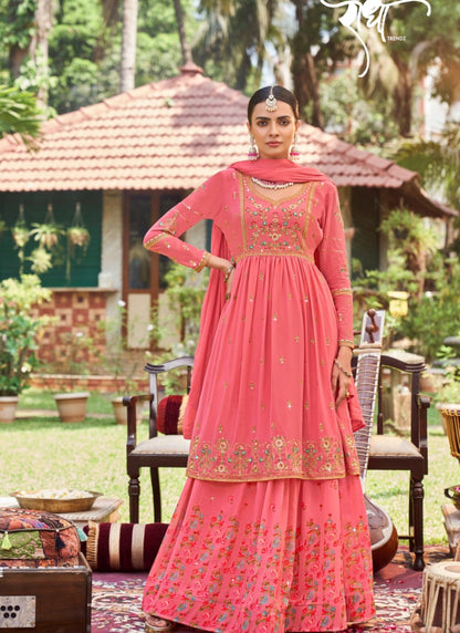 Pink Georgette Indo-Western Peplum Lehenga Choli with Embroidery Work