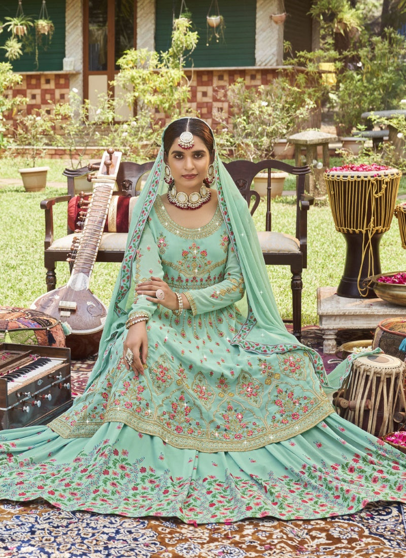 Aqua Georgette Indo-Western Peplum Lehenga Choli with Embroidery Work-2