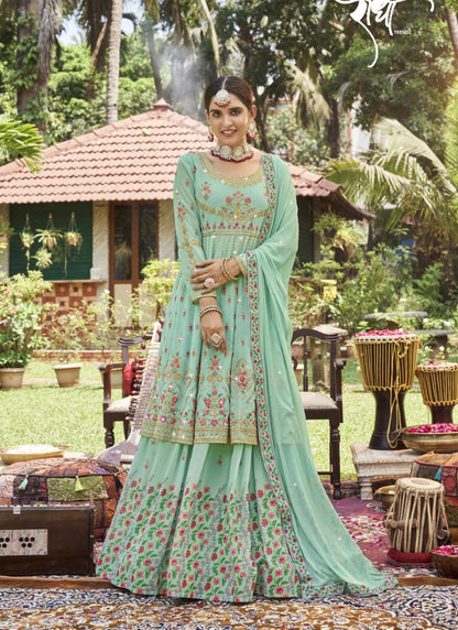 Aqua Georgette Indo-Western Peplum Lehenga Choli with Embroidery Work