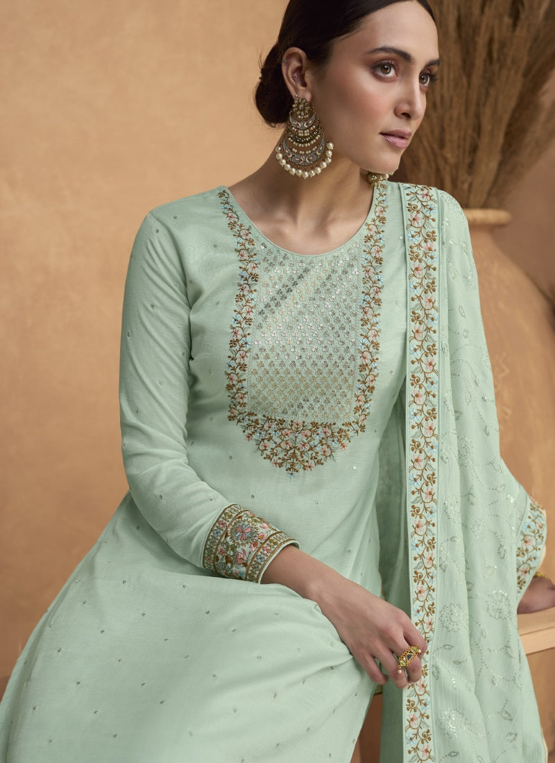 Sea Green Silk Embroidered Pant Style Salwar Suit-2