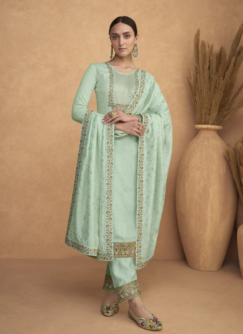 Sea Green Silk Embroidered Pant Style Salwar Suit