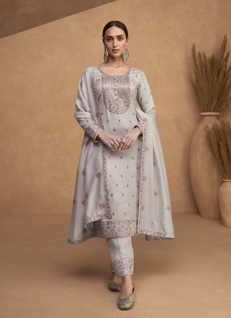 Light Purple Silk Embroidered Pant Style Salwar Suit