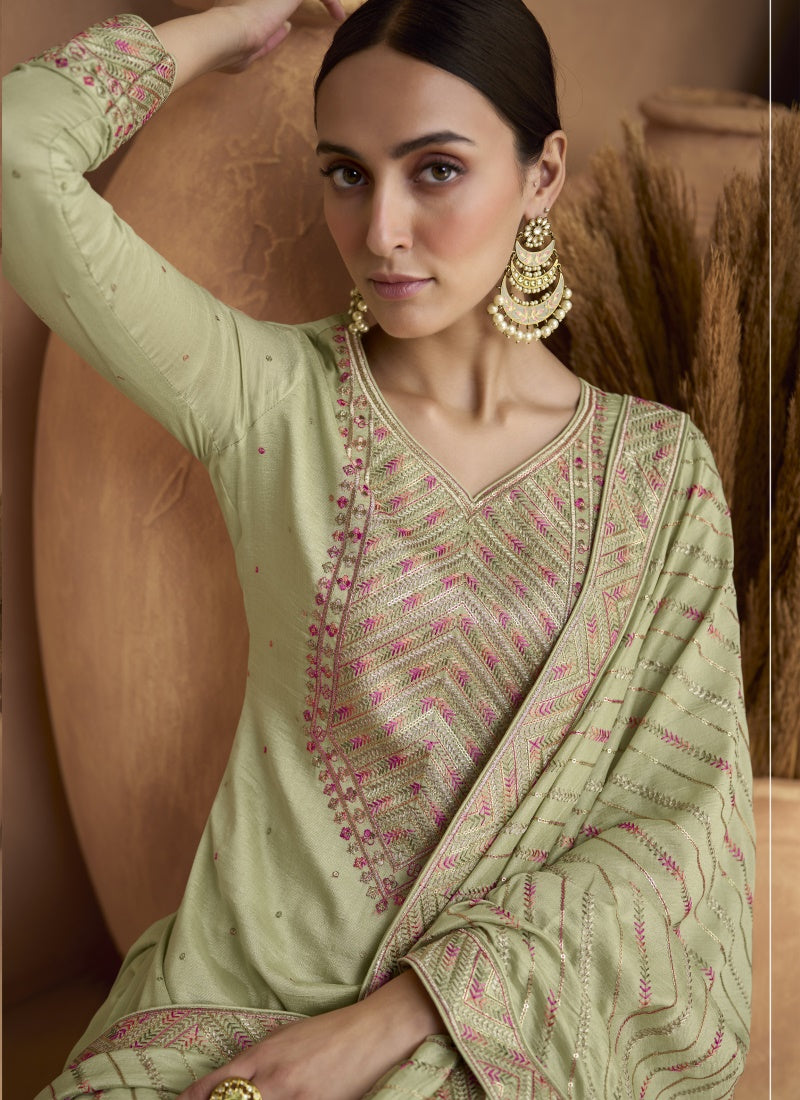 Pista Green Silk Embroidered Pant Style Salwar Suit-2