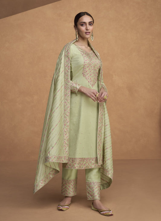 Pista Green Silk Embroidered Pant Style Salwar Suit